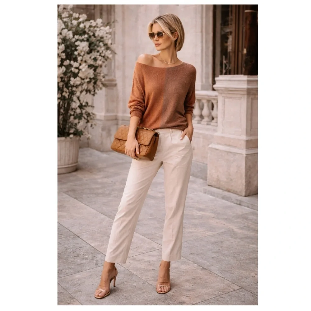 GIGI MODA $141 Argento Dual Toned Sweater Rust Brown Metallic Thread Italy Made - Picture 4 of 16
